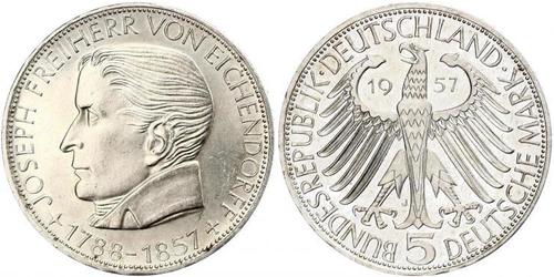 5 Mark Germania Ovest (1949-1990) Argento Joseph Freiherr von Eichendorff