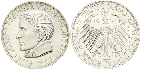 5 Mark Germania Ovest (1949-1990) Argento Joseph Freiherr von Eichendorff