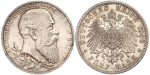 5 Mark Grand Duchy of Baden (1806-1918) / Impero tedesco (1871-1918) Argento Federico I di Baden (1826 - 1907)