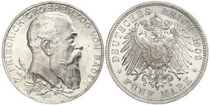 5 Mark Grand Duchy of Baden (1806-1918) / Impero tedesco (1871-1918) Argento Federico I di Baden (1826 - 1907)