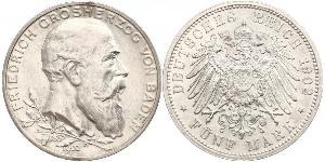 5 Mark Grand Duchy of Baden (1806-1918) / Impero tedesco (1871-1918) Argento Federico I di Baden (1826 - 1907)