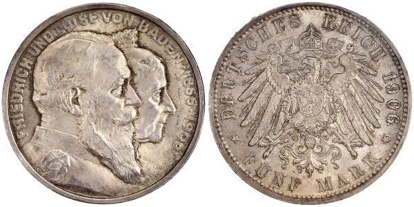 5 Mark Grand Duchy of Baden (1806-1918) / Impero tedesco (1871-1918) Argento Federico I di Baden (1826 - 1907)