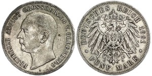 5 Mark Grand Duchy of Oldenburg (1814 - 1918) Argento Federico Augusto III di Sassonia (1865-1932)