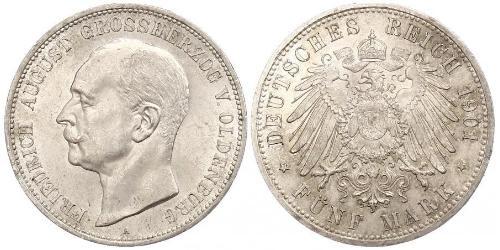 5 Mark Grand Duchy of Oldenburg (1814 - 1918) Argento Federico Augusto III di Sassonia (1865-1932)
