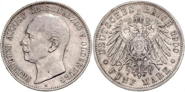 5 Mark Grand Duchy of Oldenburg (1814 - 1918) Argento Federico Augusto III di Sassonia (1865-1932)
