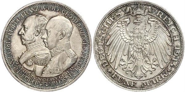 5 Mark Meclemburgo-Schwerin (1352-1918) Argento Frederick Francis IV, Grand Duke of Mecklenburg (1882 - 1945)