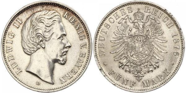5 Mark Regno di Baviera (1806 - 1918) Argento Ludovico II di Baviera(1845 – 1886)