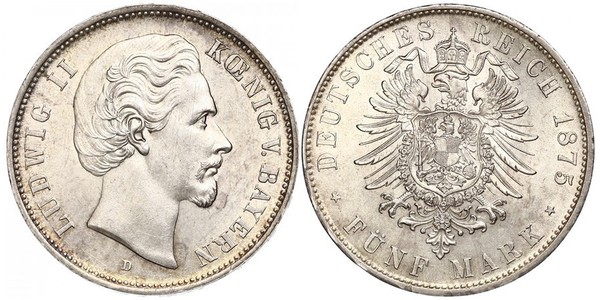 5 Mark Regno di Baviera (1806 - 1918) Argento Ludovico II di Baviera(1845 – 1886)