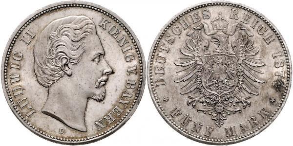 5 Mark Regno di Baviera (1806 - 1918) Argento Ludovico II di Baviera(1845 – 1886)