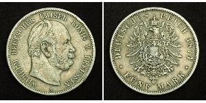 5 Mark Regno di Prussia (1701-1918) Argento Wilhelm I, German Emperor (1797-1888)