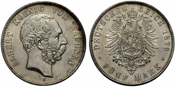 5 Mark Regno di Sassonia (1806 - 1918) Argento Alberto di Sassonia