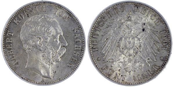 5 Mark Regno di Sassonia (1806 - 1918) Argento Alberto di Sassonia