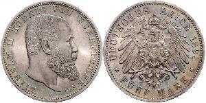 5 Mark Regno di Württemberg (1806-1918) Argento Wilhelm II, German Emperor (1859-1941)