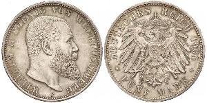 5 Mark Regno di Württemberg (1806-1918) Argento Wilhelm II, German Emperor (1859-1941)