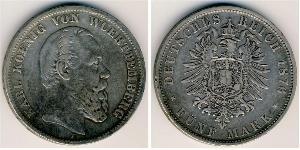 5 Mark Regno di Württemberg (1806-1918) Argento Carlo di Württemberg