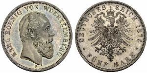 5 Mark Regno di Württemberg (1806-1918) Argento Carlo di Württemberg
