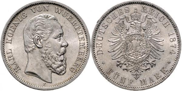 5 Mark Regno di Württemberg (1806-1918) Argento Carlo di Württemberg