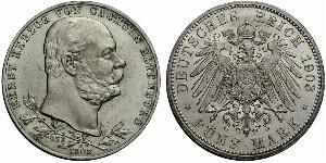 5 Mark Sassonia-Altenburg  (1826 - 1920) Argento Ernesto I di Sassonia-Altenburg (1826 - 1908)