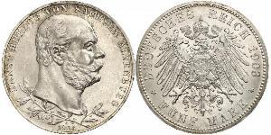5 Mark Sassonia-Altenburg  (1826 - 1920) Argento Ernesto I di Sassonia-Altenburg (1826 - 1908)