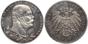 5 Mark Sassonia-Altenburg  (1826 - 1920) Argento Ernesto I di Sassonia-Altenburg (1826 - 1908)