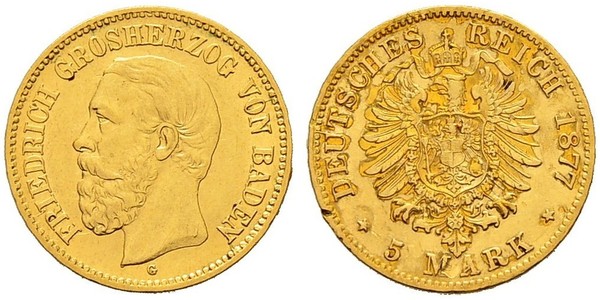 5 Mark Grand Duchy of Baden (1806-1918) Gold Frederick I, Grand Duke of Baden (1826 - 1907)