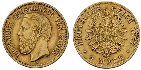 5 Mark Grand Duchy of Baden (1806-1918) Gold Frederick I, Grand Duke of Baden (1826 - 1907)