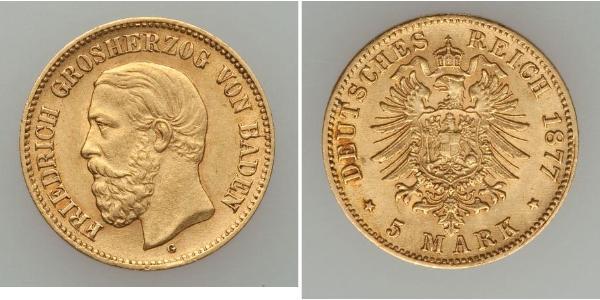 5 Mark Grand Duchy of Baden (1806-1918) Gold Frederick I, Grand Duke of Baden (1826 - 1907)