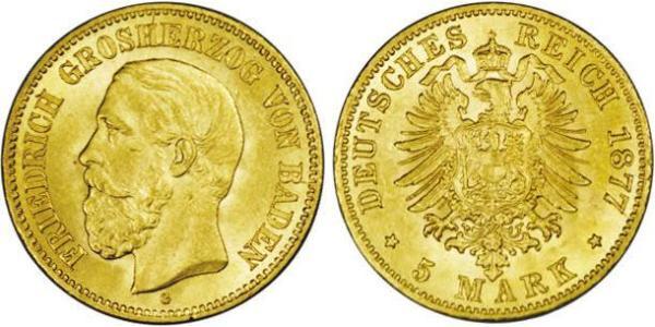 5 Mark Grand Duchy of Baden (1806-1918) Gold Frederick I, Grand Duke of Baden (1826 - 1907)