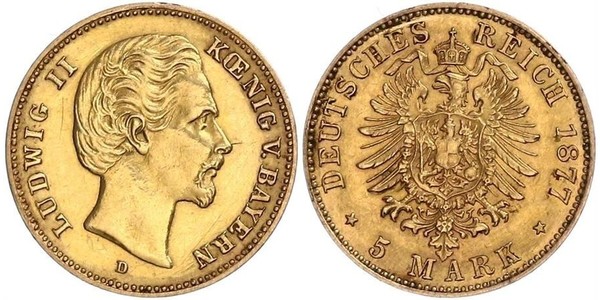 5 Mark Kingdom of Bavaria (1806 - 1918) Gold Ludwig II of Bavaria (1845 – 1886)