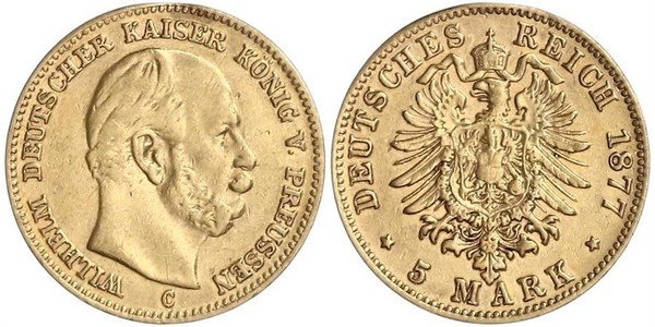 5 Mark Kingdom of Prussia (1701-1918) Gold Wilhelm I, German Emperor (1797-1888)