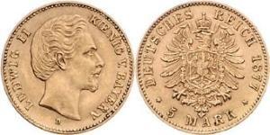 5 Mark Königreich Bayern (1806 - 1918) Gold Ludwig II. (Bayern)(1845 – 1886)