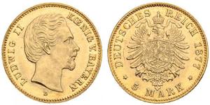 5 Mark Königreich Bayern (1806 - 1918) Gold Ludwig II. (Bayern)(1845 – 1886)