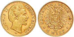 5 Mark Königreich Bayern (1806 - 1918) Gold Ludwig II. (Bayern)(1845 – 1886)