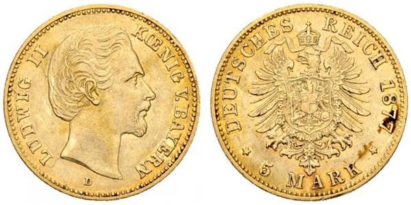 5 Mark Königreich Bayern (1806 - 1918) Gold Ludwig II. (Bayern)(1845 – 1886)