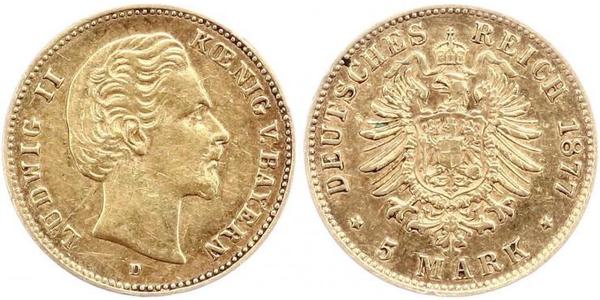 5 Mark Königreich Bayern (1806 - 1918) Gold Ludwig II. (Bayern)(1845 – 1886)