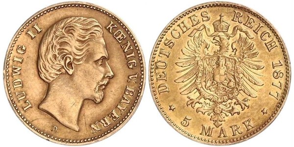 5 Mark Königreich Bayern (1806 - 1918) Gold Ludwig II. (Bayern)(1845 – 1886)