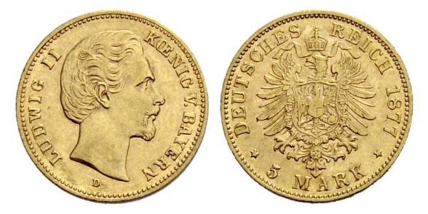 5 Mark Königreich Bayern (1806 - 1918) Gold Ludwig II. (Bayern)(1845 – 1886)