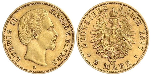 5 Mark Regno di Baviera (1806 - 1918) Oro Ludovico II di Baviera(1845 – 1886)