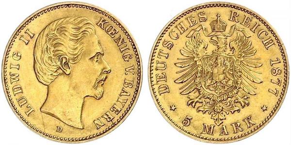 5 Mark Regno di Baviera (1806 - 1918) Oro Ludovico II di Baviera(1845 – 1886)