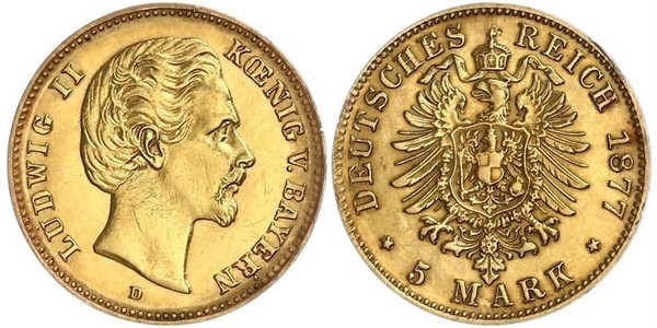 5 Mark Regno di Baviera (1806 - 1918) Oro Ludovico II di Baviera(1845 – 1886)