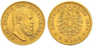 5 Mark Regno di Württemberg (1806-1918) Oro Carlo di Württemberg