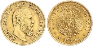 5 Mark Regno di Württemberg (1806-1918) Oro Carlo di Württemberg