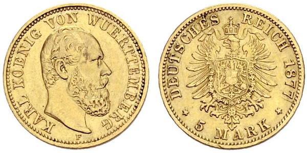 5 Mark Regno di Württemberg (1806-1918) Oro Carlo di Württemberg