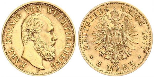 5 Mark Regno di Württemberg (1806-1918) Oro Carlo di Württemberg