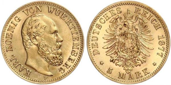5 Mark Regno di Württemberg (1806-1918) Oro Carlo di Württemberg