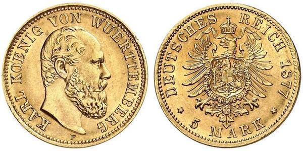 5 Mark Regno di Württemberg (1806-1918) Oro Carlo di Württemberg