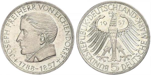 5 Mark Alemania Occidental (1949-1990) Plata Joseph von Eichendorff