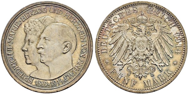 5 Mark Anhalt-Dessau (1603 -1863) Plata Federico II de Anhalt(1856 – 1918)