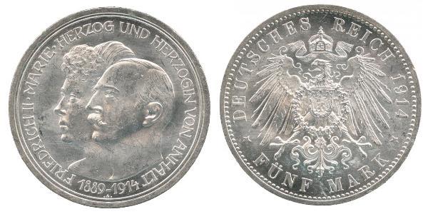 5 Mark Anhalt-Dessau (1603 -1863) Plata Federico II de Anhalt(1856 – 1918)