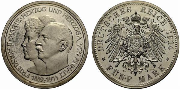 5 Mark Anhalt-Dessau (1603 -1863) Plata Federico II de Anhalt(1856 – 1918)